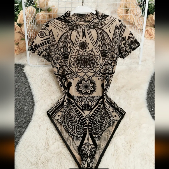 Black And TAN INTRICATE PATTERN BODYSUIT WITH STAND UP COLLAR - Picture 1 of 10
